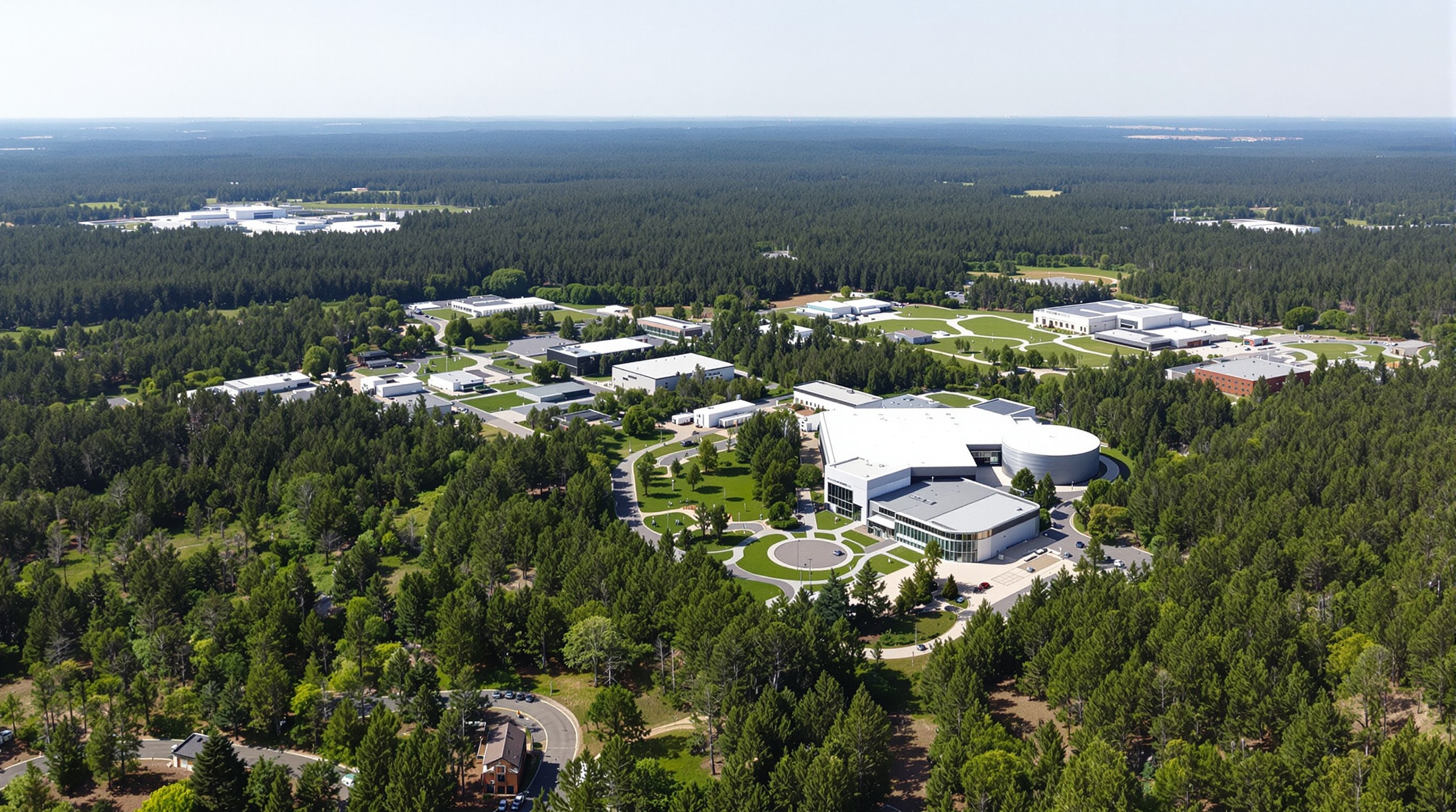 Parc scientifique et technologique entouré de forêt
