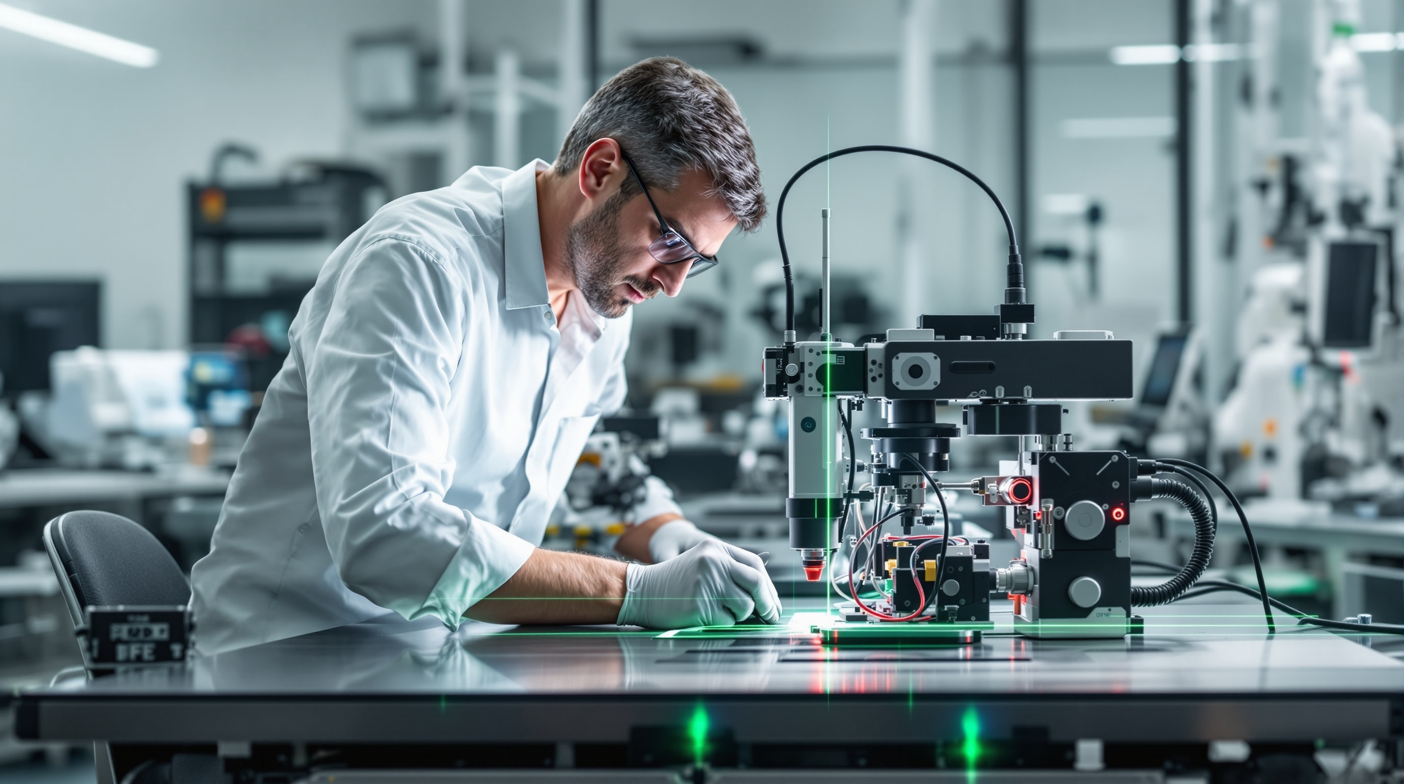 Chercheuse ajustant un système optique laser