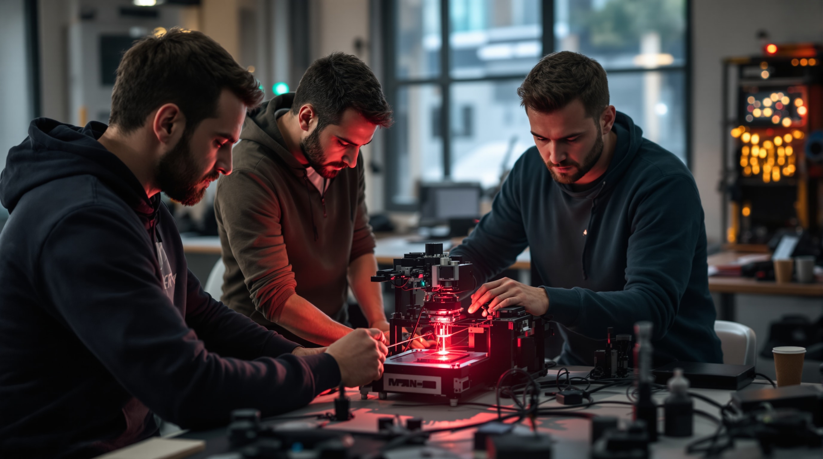 Ingénieurs autour d'un prototype de système laser